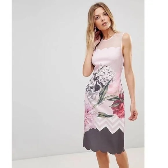 Ted Baker Arionah Palace Gardens Scallop Detail Midi Dress - Picture 1 of 10